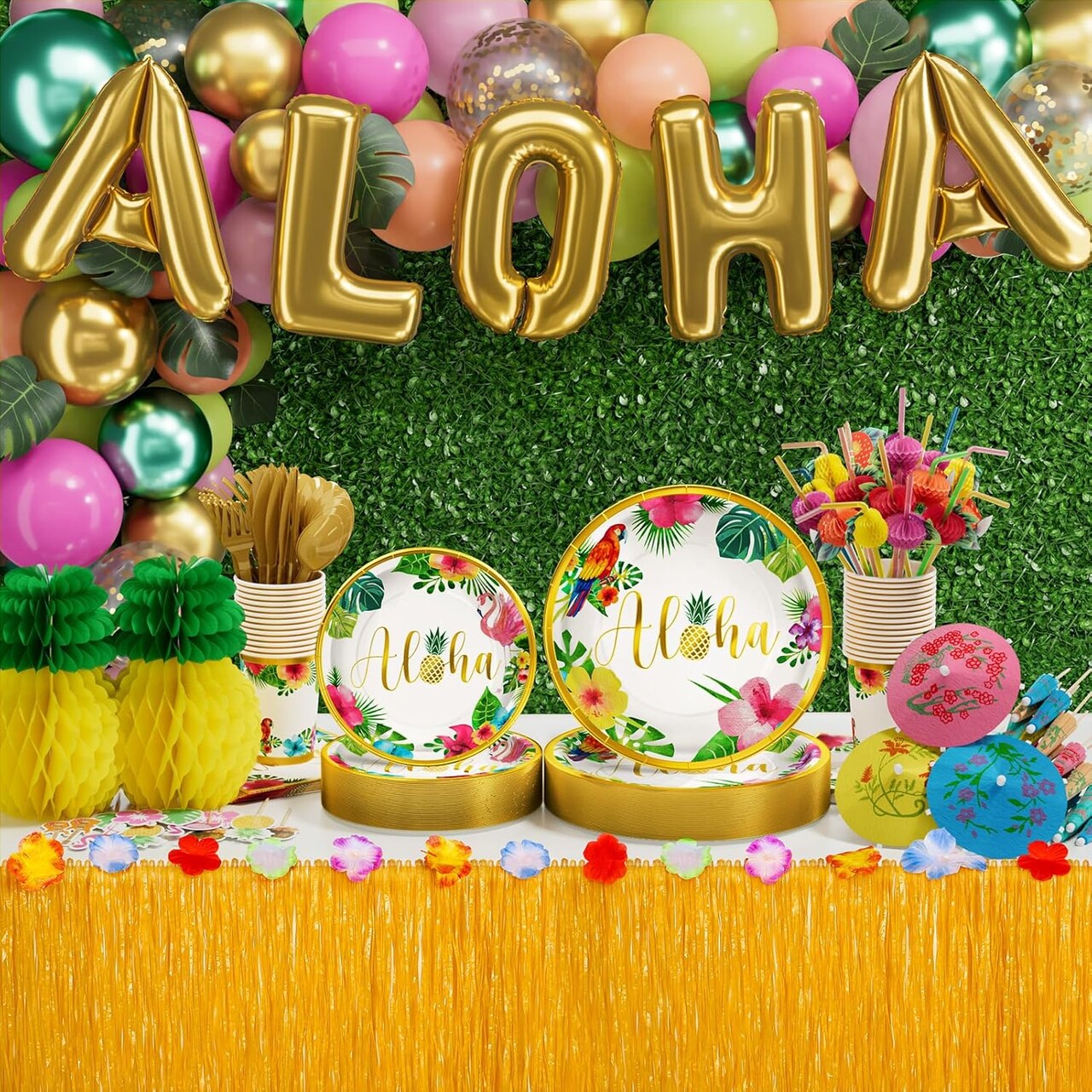Hawaiian Luau Birthday Party Decorations 329PCS Tropical Aloha Party Supplies for Summer Beach Decor Disposable Dinnerware Set (25 Guest) with Plates Napkin Cups Table Skirt Straws Balloon Kit